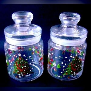 Vintage Christmas Pleasure Glass Candy Jar Canister Set of 2 With Lids In Box